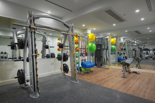 A modern gym interior featuring weightlifting equipment, exercise balls, and mats in a well-lit space.