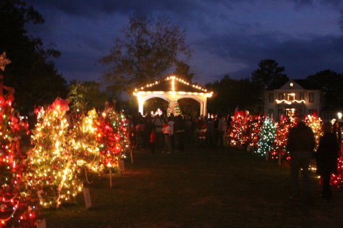 A festive scene with decorated Christmas trees and a lit gazebo, surrounded by a crowd at dusk.