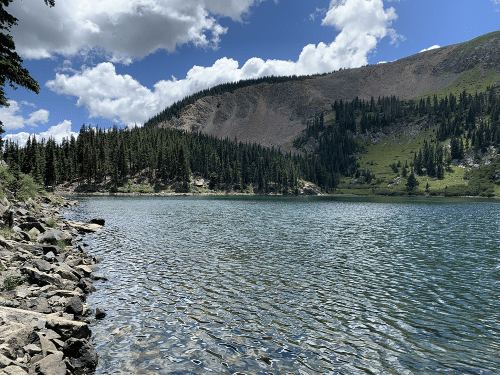 A serene lake surrounded by mountains and lush greenery under a partly cloudy sky.
