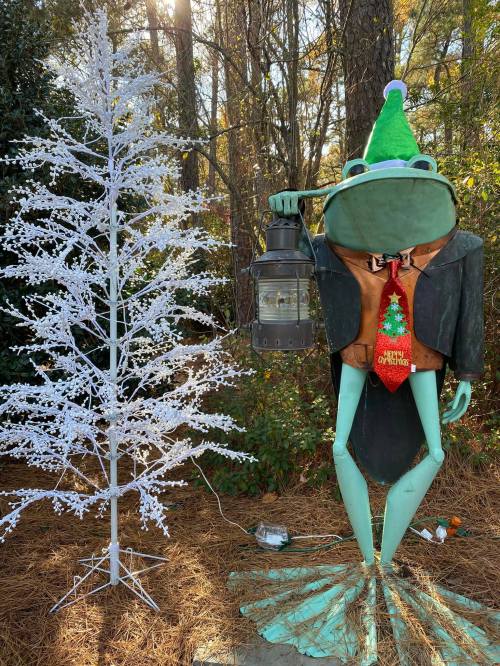 A whimsical frog figure in a suit and Christmas hat holds a lantern next to a white, lit Christmas tree.
