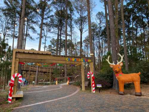 A festive pathway leads to a garden entrance, decorated with candy canes and a large inflatable reindeer.