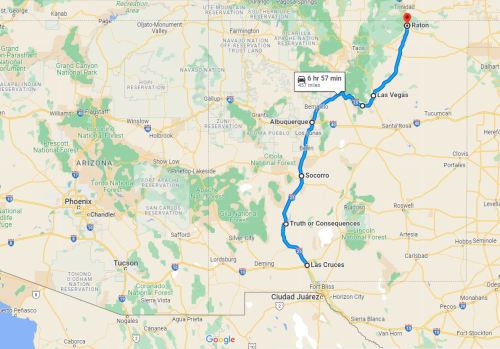 Map showing a route from Las Cruces, NM, to Raton, NM, with a travel time of approximately 6 hours and 57 minutes.