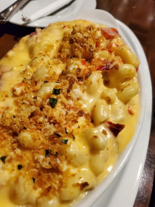 A creamy macaroni and cheese dish topped with crispy breadcrumbs and herbs, served in a white dish.