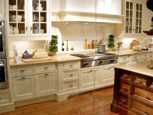 A modern kitchen with white cabinetry, a gas stove, and decorative plants on the countertop. Warm wooden flooring.