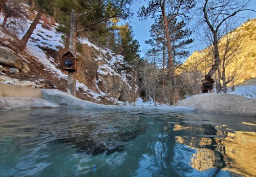 A serene natural hot spring surrounded by snowy trees and rocky terrain under a clear blue sky.
