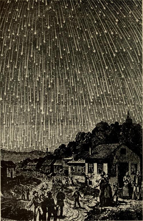 A historic illustration of a meteor shower over a village, with people observing the celestial display.