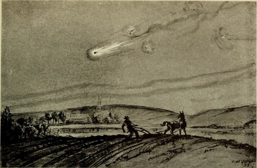 A historical illustration of a comet in the sky, with two figures plowing a field and a distant village in the background.