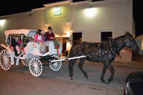 A horse-drawn carriage decorated for the holidays, with children inside, passing by a building at night.