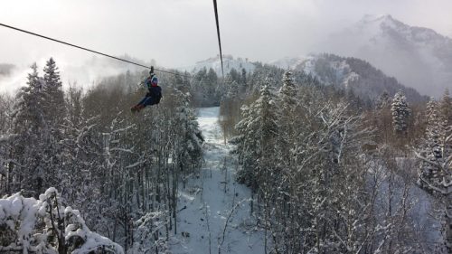 A person zip-lining over a snowy landscape with trees and mountains in the background.