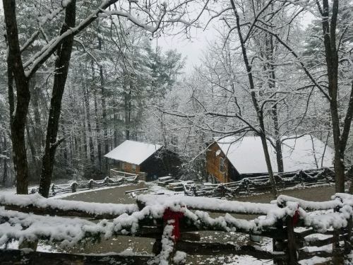 A snowy landscape featuring two wooden cabins surrounded by trees, with a snow-covered fence in the foreground.