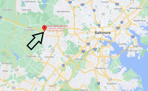 Map showing the location of Turf Valley Resort near Baltimore, Maryland, with an arrow pointing to it.
