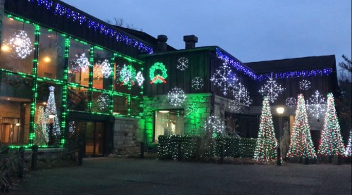 A building decorated with colorful Christmas lights, featuring green and blue designs, and illuminated trees outside.