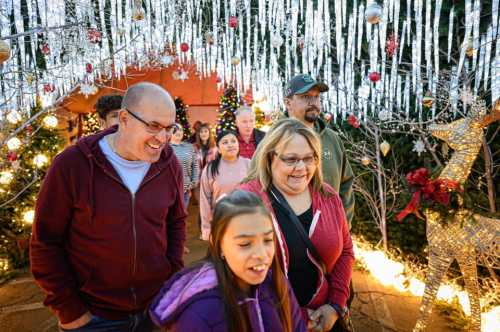 A group of people walking through a festive, decorated area with Christmas lights and trees.