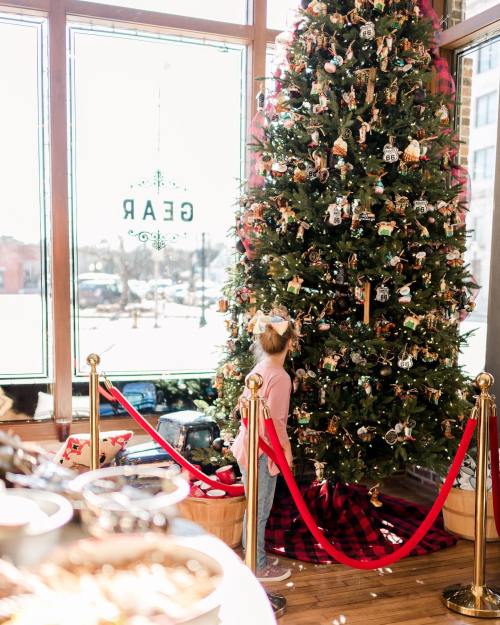 A child admires a beautifully decorated Christmas tree in a cozy shop, with festive ornaments and a red carpet.