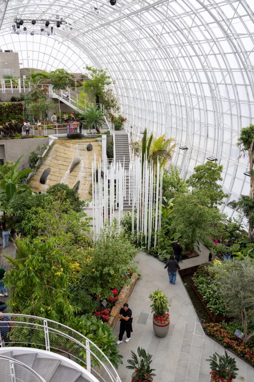 A spacious indoor garden with lush greenery, pathways, and visitors exploring under a glass dome structure.