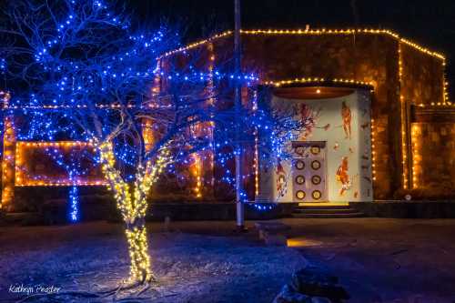 A brightly lit house decorated with blue and yellow lights, featuring a colorful mural on the door and a lit tree in front.