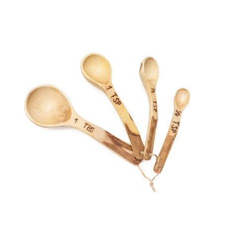 Four wooden measuring spoons labeled 1 tablespoon, 1 teaspoon, ½ teaspoon, and ¼ teaspoon.