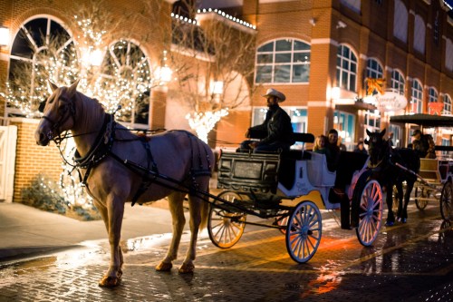 A horse-drawn carriage waits on a cobblestone street, illuminated by festive lights in a charming urban setting.