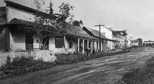 Black and white photo of a deserted street lined with old buildings and overgrown vegetation.