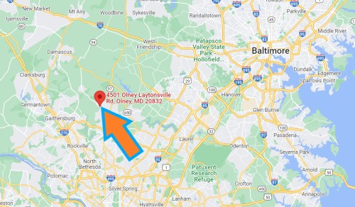Map showing the location of 4501 Olney Laytonsville Rd, Olney, MD 20832, with a highlighted arrow pointing to it.