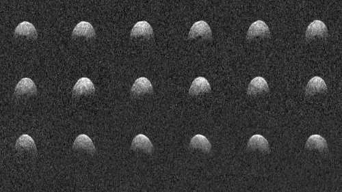 A grid of 16 images showing the surface of an asteroid, each with varying lighting and shadow effects.