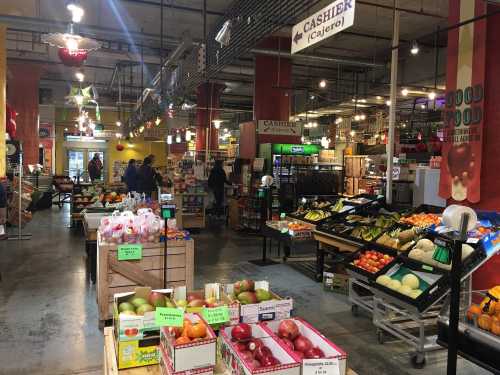 A vibrant grocery store interior with colorful fruit displays, cashiers, and shoppers browsing the aisles.