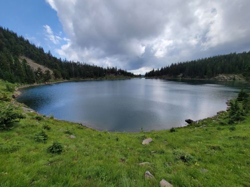 A serene lake surrounded by lush greenery and trees under a cloudy sky.