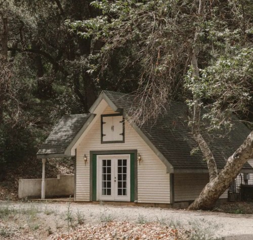 A quaint, small house nestled among tall trees in a serene, wooded area.
