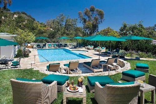 A sunny poolside scene with lounge chairs, green umbrellas, and a refreshing pool surrounded by lush greenery.