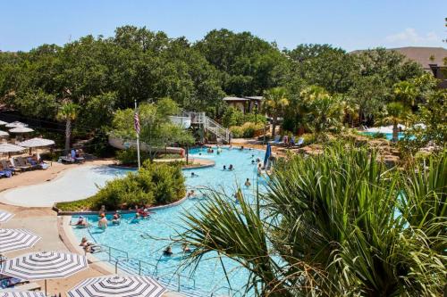 A sunny pool area with people swimming, surrounded by palm trees and lounge chairs, under a clear blue sky.