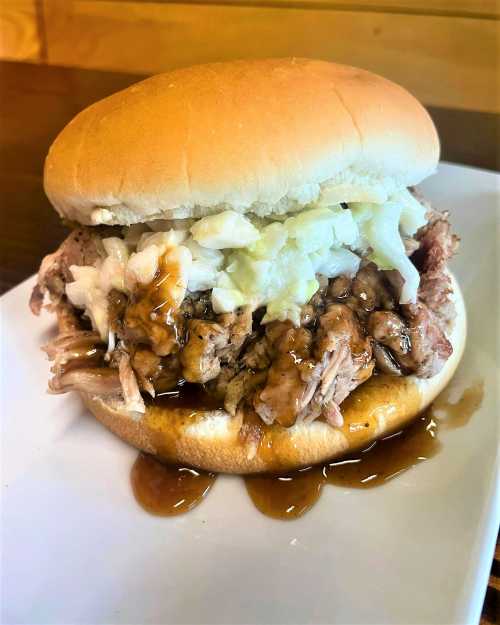 A pulled pork sandwich topped with chopped onions and drizzled with sauce, served on a soft bun.