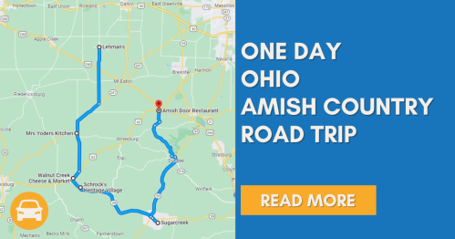 Map showing a one-day road trip route through Ohio's Amish Country, highlighting key stops and attractions.