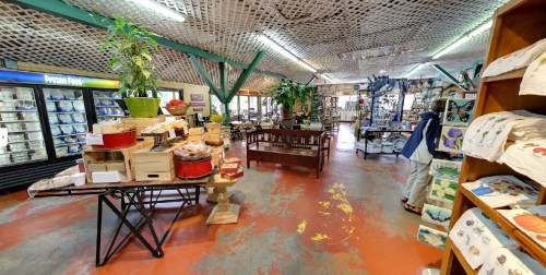 A vibrant store interior filled with plants, shelves of products, and a cozy seating area.