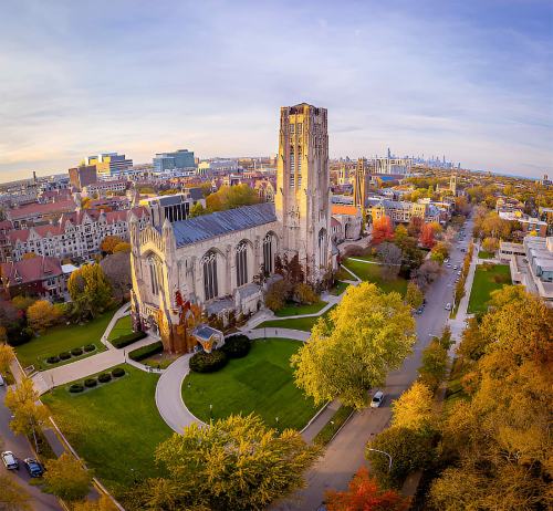 Aerial view of a cathedral surrounded by trees and buildings, with a city skyline in the background during autumn.