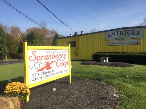 A bright yellow sign for "Scranberry Coop" antiques shop, with a building and trees in the background.