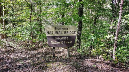 Sign for Pomona Natural Bridge in Shawnee National Forest, surrounded by lush green trees and foliage.