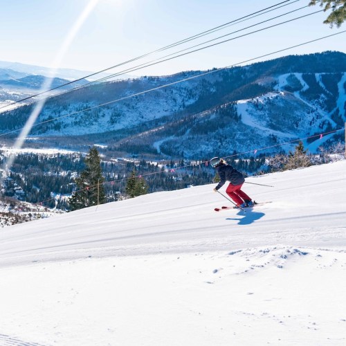 A skier glides down a snowy slope with mountains and trees in the background under a clear blue sky.