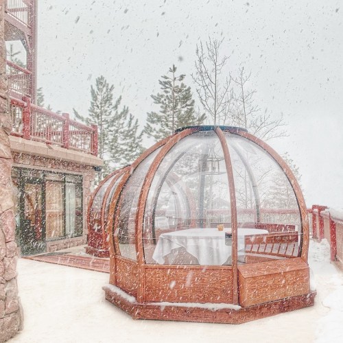 A cozy glass dome dining area surrounded by snow-covered trees and a building, creating a winter wonderland atmosphere.