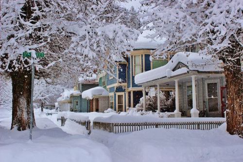 Snow-covered houses line a street, with trees draped in white, creating a serene winter scene.