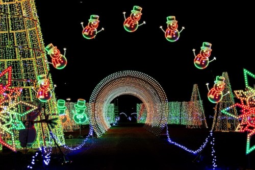 Colorful holiday lights create a festive pathway with snowmen and trees, glowing against a dark night sky.