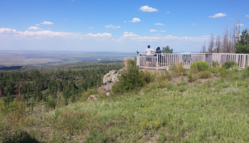 A person sits on a viewing platform overlooking a vast landscape of trees and distant hills under a blue sky.