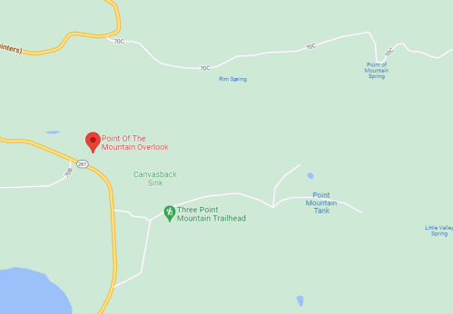 Map showing the location of Point of the Mountain Overlook, Canvasback Sink, and nearby trails and landmarks.