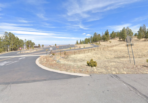 A winding road curves through a grassy area with scattered trees under a blue sky with clouds.