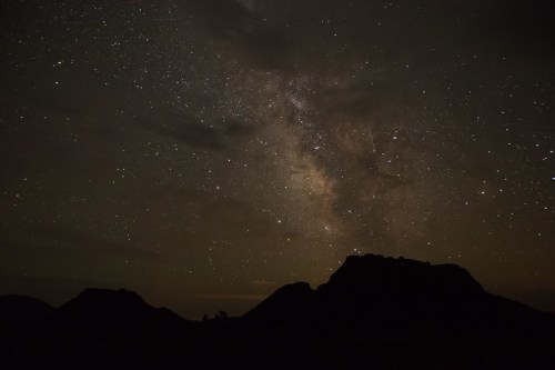 A starry night sky filled with the Milky Way, silhouetted mountains in the foreground.