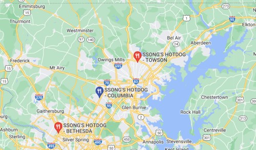 Map showing locations of Ssong's Hotdog in Towson, Columbia, and nearby areas in Maryland.