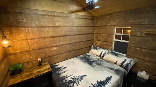 Cozy bedroom with wooden walls, a bed featuring a forest-themed blanket, and a small nightstand with a plant.