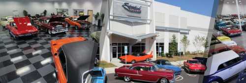 A spacious car showroom featuring classic cars in vibrant colors, with a modern building exterior and checkered flooring.