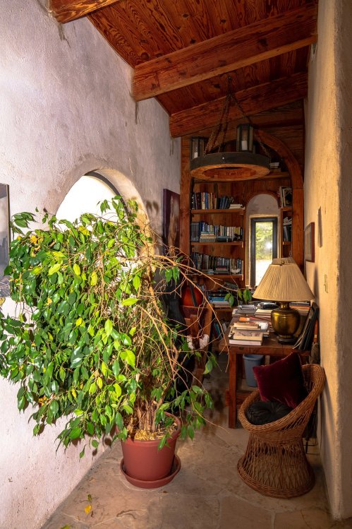A cozy hallway with a potted plant, wooden beams, a table with books, and a lamp, leading to a bookshelf.