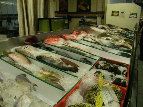A display of various fresh fish and seafood on ice at a market, with colorful fish and shellfish arranged neatly.