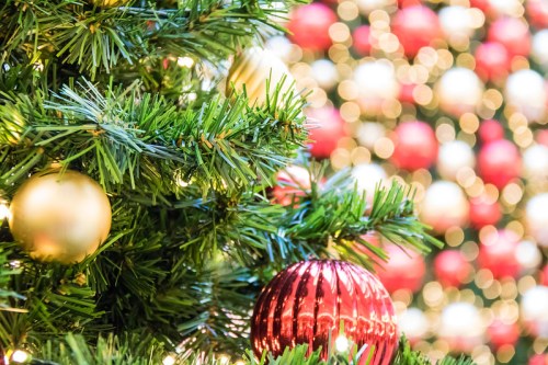 Close-up of a Christmas tree with green branches, red and gold ornaments, and a blurred festive background.
